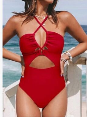 CUPSHE Red Cutout One Piece Swimsuit Womens Small Criss Cross Monokini
